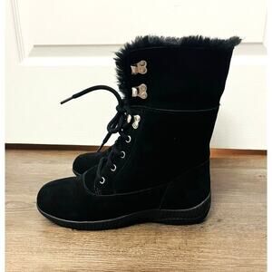 Woman’s, Aubrey, black faux fur lined, rubber sole. Warm, lace-up winter boots.